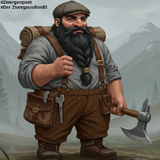 Ein kräftiger Zwerg mit schwarzem Bart und Schiebermütze steht in einer Berglandschaft. Er trägt einen Rucksack auf dem Rücken und ein zwergisches Kampfbeil in seiner Hand.